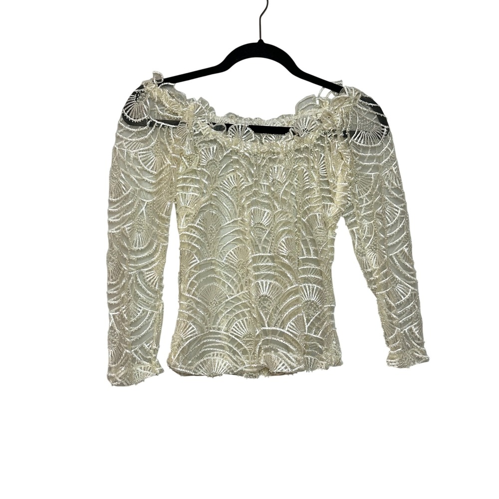 Vintage Cream Beaded Lace Off Shoulder Art Deco Fan Pattern Long Sleeve Top SZ S